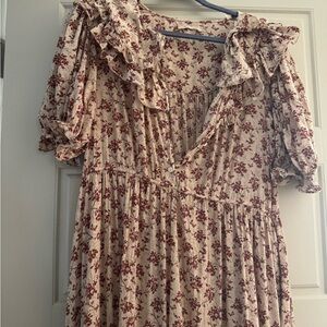 Doen Floral Ruffle Dress in Cream and Red